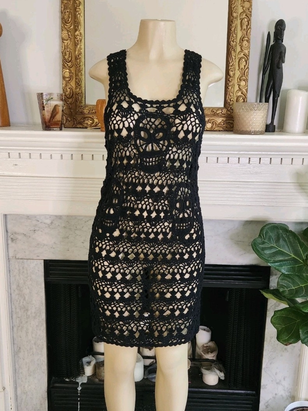 Tripp NYC Black Crochet Tank Dress Skull Sheer Cover Up Mini Size Large